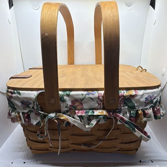 Longaberger Other - Longaberger 1997 Wooden Picnic Basket w/ Floral Fabric Liner, Lid, Handles